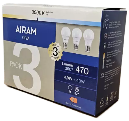 AIRAM LED 470 lm E27 3kpl - Lamput ja polttimot - 6435200308641 - 2