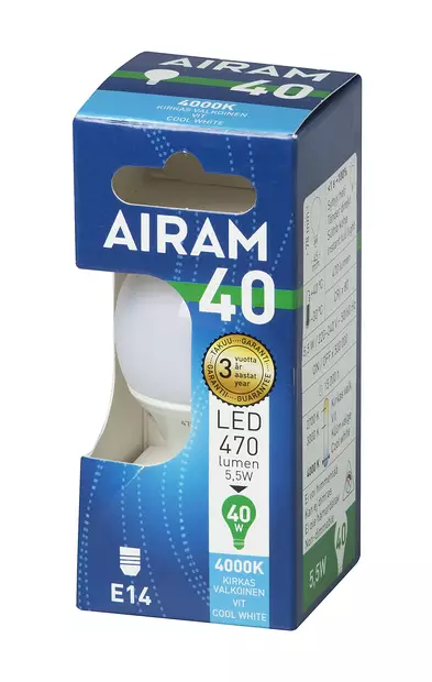 Airam LED Mainoslamppu 5,5W E14 470lm 4000K, 15 000h, box - Lamput ja polttimot - 6435200215208 - 2